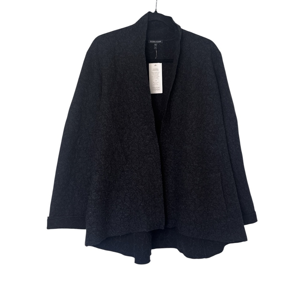 Eileen Fisher NWT Wool Black Open Front Shawl Collar Sweater Jacket